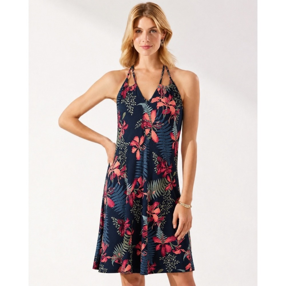 Tommy Bahama Womens Medium Navy Blue Tropical Floral Halter Neck Mini Dress M